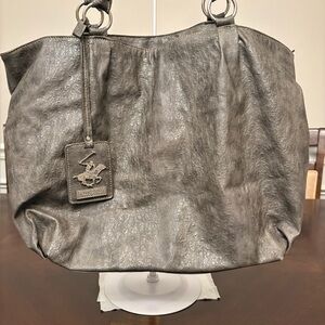 Beverly Hills Polo Club Metallic Gray Leather Tote Bag